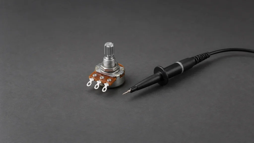 Potentiometer beside an oscilloscope probe.