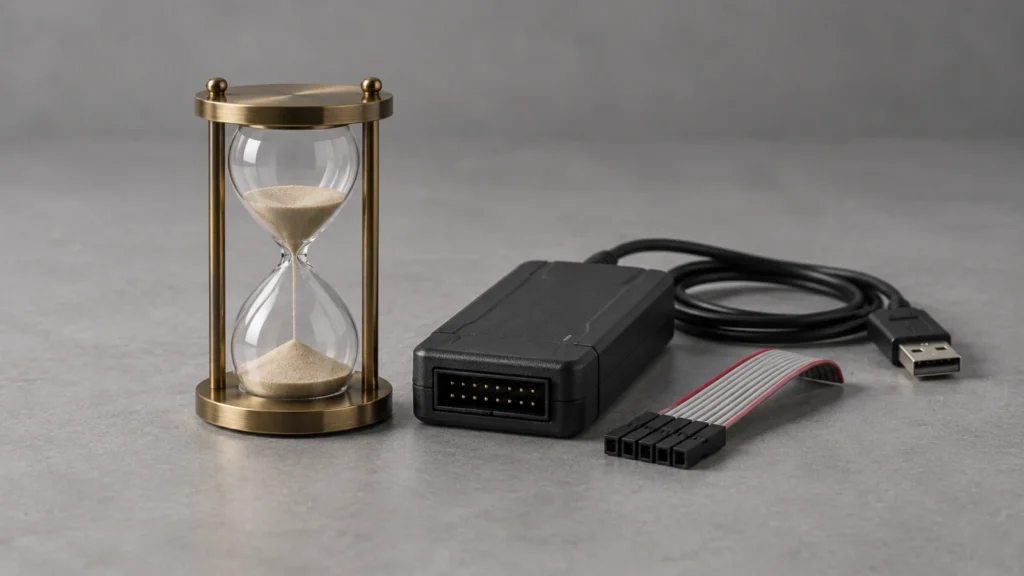 Hourglass beside a debug probe and cables.